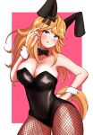  1girl absurdres animal_ears bare_shoulders black_bow black_bowtie black_leotard black_pantyhose blue_eyes blush bow bowtie breasts cleavage commentary_request cowboy_shot ear_bow ear_covers fishnet_pantyhose fishnets gold_city_(umamusume) hand_on_own_hip highres horse_ears horse_girl horse_tail large_breasts leotard looking_at_viewer miya_nns35 nontraditional_playboy_bunny orange_hair pantyhose pink_background simple_background smile solo strapless strapless_leotard tail tongue tongue_out two-tone_background umamusume white_background wrist_cuffs 
