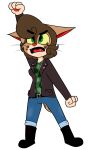  2016 4_fingers alpha_channel anthro belt_buckle biped black_belt black_boots black_clothing black_eyebrows black_footwear black_jacket black_mouth black_pupils black_topwear black_whiskers blue_bottomwear blue_clothing blue_jeans blue_pants boots bottomwear breasts brown_hair brown_markings brown_spots camo camo_clothing camo_print camo_tank_top camo_topwear cheek_tuft chokovit_(artist) clothed clothed_anthro clothed_female clothing colored countershade_face countershade_fur countershade_neck countershading curled_hair denim denim_bottomwear denim_clothing digital_drawing_(artwork) digital_media_(artwork) ear_tuft ears_down eyebrows facial_tuft fangs felid feline female female_anthro fingers fist footwear front_view full-length_portrait fur glistening glistening_eyes gloves_(marking) green_clothing green_eyes green_shirt green_tank_top green_topwear grey_buckle hair hi_res jacket jeans leather leather_clothing leather_jacket leather_topwear lucy_wattson lynx mammal markings open_clothing open_jacket open_topwear pants pattern_clothing pattern_topwear pawpads pivoted_ears portrait pupils raised_arm raised_fist raised_hand red_inner_ear red_nose red_pawpads red_tongue shirt simple_background solo spots spotted_body spotted_cheeks spotted_fur spotted_markings spotted_tail standing tail tail_markings tan_body tan_countershading tan_ears tan_fur tan_tail tan_tuft tank_top teeth tongue topwear translucent translucent_hair transparent_background tuft whiskers wide_stance 