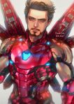 1boy absurdres arc_reactor armor avengers:_infinity_war avengers_(series) brown_eyes brown_hair closed_mouth commentary_request english_text facial_hair full_armor highres iron_man jigenn looking_at_viewer male_focus marvel marvel_cinematic_universe mechanical_wings multicolored_armor power_armor red_armor short_hair simple_background smile solo standing superhero tony_stark white_background wings yellow_armor 