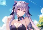  1girl absurdres bare_shoulders black_choker blue_sky choker cloud commentary cone_hair_bun day detached_sleeves dodosako dress genshin_impact hair_bun hair_intakes hand_up head_tilt highres keqing_(genshin_impact) long_hair looking_at_viewer nail purple_dress purple_eyes purple_hair purple_nails short_sleeves sidelocks sky smile solo strapless strapless_dress twintails very_long_hair 