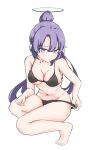  1girl absurdres bare_legs bare_shoulders barefoot bikini black_bikini blue_archive blush breasts cleavage closed_mouth darauk11 full_body hair_between_eyes highres korean_commentary long_hair looking_at_viewer medium_breasts navel purple_eyes purple_hair simple_background solo swimsuit thick_thighs thighs very_long_hair white_background yuuka_(blue_archive) 