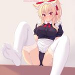  1girl animal_ears apron black_panties blonde_hair blush breasts cat_ears cat_girl commentary english_commentary feet foot_out_of_frame garter_straps hair_ornament highres large_breasts long_hair looking_at_viewer nottytiffy original panties parted_lips patreon_username ponytail sitting smile soles solo teeth thighhighs thighs tiffy_(nottytiffy) underwear white_apron white_garter_straps white_thighhighs 