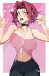  1girl against_glass artist_name bare_shoulders black_leggings blue_eyes blush border breasts cleavage code_geass commission english_commentary hair_intakes headband highres kallen_stadtfeld large_breasts leggings looking_at_viewer midriff navel open_mouth orouu pink_background pink_tank_top red_headband short_hair simple_background solo tank_top white_border 