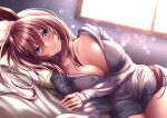  1girl bed blue_eyes blush breasts brown_hair cleavage horezai horse_girl jewelry large_breasts long_hair lying mihono_bourbon_(umamusume) on_bed on_side rairaisuruyo ring solo sweater umamusume wedding_ring window 