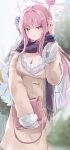  1girl :t absurdres bag blue_archive blush breasts cleavage coat commentary_request cowboy_shot fur-trimmed_sleeves fur_trim handbag highres holding holding_bag jsscj long_hair long_sleeves looking_at_viewer mika_(blue_archive) pink_hair purple_scarf scarf shirt solo standing very_long_hair white_shirt yellow_eyes 