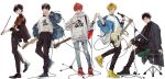  5boys belt black_coat black_collar black_footwear black_hair black_nails black_pants blonde_hair blue_footwear blue_jacket coat collar denim drumsticks full_body given hair_ornament hairpin highres holding holding_drumsticks holding_instrument holding_violin hood hoodie instrument jacket jeans kashima_hiiragi_(given) kizu_natsuki long_sleeves looking_at_viewer male_focus microphone_stand multicolored_hair multiple_boys murata_ugetsu nail_polish official_art pants red_footwear satou_mafuyu shirt short_hair simple_background sitting streaked_hair uenoyama_ritsuka violin white_background white_hoodie white_shirt yagi_shizusumi_(given) yellow_footwear 