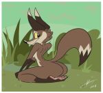  anthro big_butt brown_body brown_fur butt canid canine digital_media_(artwork) feet female fox fur grass kneeling kukuwolf looking_at_viewer mammal multicolored_body multicolored_fur nude plant sitting solo thick_thighs yellow_sclera 
