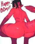  absurd_res anthro anus big_butt black_hair breasts butt crouching female fish genitals grin hair happy_birthday hi_res looking_at_viewer looking_back looking_back_at_viewer marine nastycalamari nonbinary_(lore) nude pussy raised_tail rear_view red_body ren_(remanedur) small_breasts smile solo tail tail_tuft tuft 