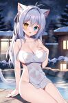  1girl :d aina_rive animal_ear_fluff animal_ears antenna_hair black_bow blue_eyes blurry blurry_background blush bow breasts building cat_ears cat_girl cat_tail cleavage covered_navel covering_privates depth_of_field grey_hair hair_between_eyes hair_bow hair_intakes hand_up heterochromia lantern large_breasts looking_at_viewer mauve night night_sky nude_cover onsen original outdoors see-through sky smile snow solo star_(sky) starry_sky tail towel window yellow_eyes 