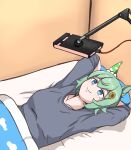  1girl alternate_costume animal_ears arms_up blue_eyes breasts cellphone closed_mouth cloud_print commentary_request ear_covers green_hair grey_sweater hair_between_eyes hair_ornament hairclip highres horse_ears horse_girl indoors lying miya_nns35 on_back on_bed phone seiun_sky_(umamusume) single_ear_cover small_breasts smartphone smile solo sweater umamusume wall 