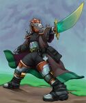  anthro armor boots clothed clothing cloud coat equipment felid fog footwear fur hair hi_res holding_object holding_weapon male mammal melee_weapon outside pantherine pose purple_eyes red_hair simple_background sky solo stripes sword tall_lizzard_(artist) tiger topwear weapon white_body white_fur 