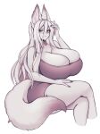  absurd_res animal_humanoid big_breasts blush blush_lines breasts cakecatboy canid canid_humanoid canine canine_humanoid cassia_(cakecatboy) cleavage clothed clothing female fox_humanoid hair hi_res huge_breasts huge_thighs humanoid long_hair looking_aside mammal mammal_humanoid simple_background sitting solo tail thick_thighs 