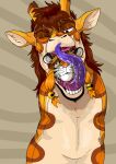  abstract_background absurd_res ambiguous_gender anthro brown_body duo felid front_view giraffe giraffid hair hi_res imperatorcaesar mammal narrowed_eyes neck_bulge one_eye_closed oral_vore orange_body orange_hair pantherine purple_tongue same_size_vore tan_body tiger tongue tongue_out vore whiskers 