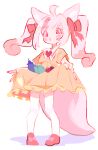  1girl absurdres ahoge animal_ears bell_pepper bow collared_dress commentary_request delicious_party_precure dress eggplant fox_ears fox_girl fox_tail frilled_dress frills full_body hair_bow highres kome-kome_(precure) kome-kome_(precure)_(human) long_hair noniha open_mouth pink_bow pink_eyes pink_footwear pink_hair precure shoes short_sleeves simple_background skirt_basket skirt_hold solo standing tail thighhighs tomato twintails white_background white_thighhighs yellow_dress 
