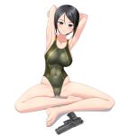  1girl absurdres armpits arms_behind_head barefoot black_eyes black_hair breasts chouno_ami commentary_request competition_swimsuit feet girls_und_panzer green_one-piece_swimsuit gun handgun highres indian_style looking_at_viewer medium_breasts multicolored_clothes multicolored_swimsuit one-piece_swimsuit presenting_armpit short_hair sig_p220/p226 sig_sauer simple_background sitting solo swept_bangs swimsuit takafumi toes turtleneck variant_set weapon white_background 