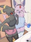  2girls animal_ear_fluff animal_ears black_eyes black_sclera black_thighhighs blue_shirt breasts brushing_teeth collarbone colored_sclera commentary_request covered_nipples cup espeon furry furry_female hand_on_own_hip highres holding holding_cup holding_toothbrush medium_breasts multiple_girls one_eye_closed open_mouth panties pink_eyes pink_shorts pokemon red_sclera revision shirt shorts shourin_bonzu standing striped striped_panties tail thighhighs toothbrush toothbrush_in_mouth umbreon underwear white_thighhighs 