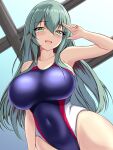  1girl aqua_eyes aqua_hair armpits blush breasts collarbone competition_swimsuit covered_navel day hair_between_eyes hair_ornament hairclip highres kantai_collection large_breasts long_hair looking_at_viewer montemasa one-piece_swimsuit open_mouth pool purple_one-piece_swimsuit rei_no_pool salute sidelocks smile solo suzuya_(kancolle) swimsuit two-finger_salute two-tone_swimsuit white_one-piece_swimsuit window 