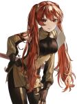  1girl abinosu0903 black_pantyhose breasts commentary cowboy_shot dress eyelashes fire_emblem fire_emblem_awakening hand_on_own_hip highres leaning_forward long_hair looking_at_viewer pantyhose red_eyes red_hair severa_(fire_emblem) sheath sheathed short_dress simple_background smile solo sword sword_on_back turtleneck twintails weapon weapon_on_back white_background 