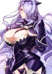 1girl absurdres armor black_armor black_panties blush breasts camilla_(fire_emblem) cleavage fire_emblem fire_emblem_fates hair_lift hair_ornament hair_over_one_eye highres large_breasts lips long_hair looking_at_viewer mature_female panties purple_eyes purple_hair smile solo tiara to_(tototo_tk) underwear wavy_hair white_background 