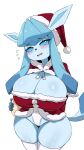  2023 anthro big_breasts black_nose blue_hair blue_sclera blush bodily_fluids breasts christmas christmas_clothing christmas_headwear cleavage clothed clothing eeveelution eyebrow_through_hair eyebrows eyelashes female generation_4_pokemon glaceon hair hat headgear headwear hi_res holidays huge_breasts legs_together legwear looking_aside nintendo open_mouth panties pokemon pokemon_(species) santa_hat simple_background solo standing sweat thick_thighs thigh_highs translucent translucent_hair underwear white_background white_eyes wide_hips wozzu1 