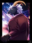  2023 anthro black_body black_fur blazer bovid caprine eyewear fur glasses goat green_eyes hair hi_res horn humanoid_hands lifewonders looking_at_viewer male mammal nomekatsu solo tanngrisnir_(tas) tokyo_afterschool_summoners white_hair 