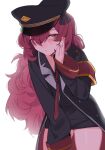 1girl black_headwear black_jacket black_shirt blue_archive blush collarbone collared_shirt commentary_request eyes_visible_through_hair fei_(1042471593) grey_eyes hair_between_eyes hat highres iroha_(blue_archive) jacket long_sleeves looking_at_viewer necktie red_hair red_necktie shirt simple_background sleeves_past_fingers sleeves_past_wrists solo thighs white_background 