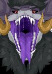  absurd_res anthro bodily_fluids bust_portrait chest_tuft fangs forked_tongue front_view fur glistening glistening_eyes grey_body grey_fur grey_hair grey_inner_ear_fluff hair hi_res horn imperatorcaesar inner_ear_fluff looking_at_viewer male mouth_shot open_mouth portrait pupils purple_tongue red_eyes saliva saliva_on_tongue saliva_string slit_pupils solo teeth tongue tuft yellow_horn 