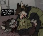  anthro blood bodily_fluids canid canine canis clothing duo fight gun hi_res hybrid maggotnizer male male/male mammal military military_uniform ranged_weapon uniform violence weapon wolf wolfdog 
