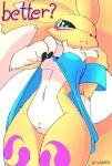  absurd_res ando bandai_namco canid canine clothing digimon digimon_(species) female fur hi_res mammal renamon showing_belly showing_chest solo solo_focus white_body white_fur yellow_body yellow_fur 