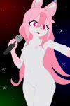  absurd_res anthro brand_new_animal breasts canid canine electronics female fox fur genitals hair hi_res hikaridraws holding_microphone holding_object innie_pussy mammal microphone navel nazuna_hiwatashi nude open_mouth pink_body pink_fur pink_hair pussy red_eyes singing small_breasts solo standing studio_trigger surprised_expression white_body white_fur 