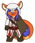 2013 alpha_channel ambiguous_gender anthro assassin&#039;s_creed blue_nose bluekyokitty boots cape chibi clothed clothing cosplay curled_tail digital_drawing_(artwork) digital_media_(artwork) flat_colors footwear full-length_portrait fully_clothed fur gloves hair hair_over_eyes handwear hood long_tail low_res mammal markings orange_body orange_fur portrait purple_hair sebdoggo simple_background smile solo standing tail transparent_background ubisoft white_inner_ear yellow_markings 