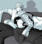  2boys absurdres blue_theme controller couch couple feet_out_of_frame food food_in_mouth fushiguro_megumi hand_on_another&#039;s_arm hand_on_another&#039;s_chest highres hood hoodie jujutsu_kaisen lap_pillow long_sleeves looking_ahead lying male_focus marukome0816 monochrome multiple_boys on_back on_couch open_mouth pants remote_control ryoumen_sukuna_(jujutsu_kaisen) shadow shirt short_hair sitting sleeping spiked_hair yaoi 