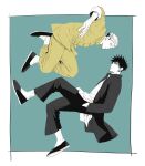  2boys absurdres blue_background chinese_clothes coat floating full_body fushiguro_megumi hand_in_pocket highres jujutsu_kaisen looking_at_viewer male_focus marukome0816 monochrome multiple_boys pants ryoumen_sukuna_(jujutsu_kaisen) shoes short_hair simple_background spiked_hair 