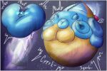  2023 3:2 air_puff air_pump_in_butt artist_logo belly belly_blush belly_expansion big_belly blue_body blush blush_lines body_blush creaking dated dragon expansion geodergart2001 horn huge_belly immobile laven_(kapptin) logo looking_pleasured male_(lore) moobs motion_lines object_in_ass onomatopoeia sound_effects space star text yellow_body 