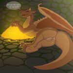  anthro anus brown_body cave dragon female genitals gold_(metal) horn long_nails paws pussy sassy scales scalie smile solo tagme tail text thick_tail toukka western_dragon wide_hips wings 