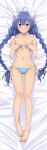  1girl absurdres ahoge animal_ears bare_legs barefoot bed_sheet bikini black_ribbon blue_bikini blue_eyes blue_hair blush braid breasts cat_ears cleavage collarbone covering_breasts covering_privates dakimakura_(medium) from_above groin hair_between_eyes hair_ribbon highres long_hair looking_at_viewer lying mushoku_tensei navel official_art on_back ribbon roxy_migurdia side-tie_bikini_bottom small_breasts solo striped striped_bikini swimsuit thigh_gap twin_braids underboob untied_bikini very_long_hair 