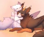  avian brown_body brown_fur dragon duo embrace eyes_closed female fur furred_dragon gryphon happy hi_res horn hug love lying male male/female mythological_avian mythology pink_body pink_fur prelares sitting smile wings 