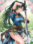  1girl black_gloves blue_dress breasts closed_mouth day dress earrings fingerless_gloves fire_emblem fire_emblem:_the_blazing_blade floating_hair flower gloves green_eyes green_hair highres holding holding_sword holding_weapon jewelry katana kei_(asufend) long_hair looking_at_viewer lyn_(fire_emblem) medium_breasts outdoors petals pink_petals ponytail short_sleeves side_slit smile solo standing sword very_long_hair weapon white_flower 