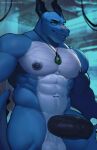  2023 anthro areola artist_name balls biceps black_horn black_penis blue_areola blue_body blue_nipples blue_scales cables dated deltoids dragon draxius genitals green_eyes grin hi_res horn horror_himbos inside jewelry laboratory male muscular muscular_anthro muscular_male muscular_thighs navel necklace necklace_only nipples nude obliques pecs penis scales scalie serratus smile solo tail_spines twitter_handle vein veiny_penis 