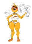  2023 4_fingers animatronic anthro avian bird black_sclera blush bodily_fluids bottomwear breasts chicken clothed clothing crop_top curvy_figure dialogue digital_drawing_(artwork) digital_media_(artwork) english_text female fingers five_nights_at_freddy&#039;s five_nights_at_freddy&#039;s_2 galliform gallus_(genus) hi_res hotpants looking_at_viewer machine menu mhdrawin midriff open_mouth open_smile phasianid robot scottgames segmented_arms segmented_body segmented_legs shirt shorts simple_background skimpy small_waist smile solo sweat talking_to_viewer text thick_thighs topwear toy_chica_(fnaf) voluptuous white_background white_eyes wide_hips yellow_body 