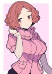  blush border brown_eyes brown_hair closed_mouth commentary do_m_kaeru forehead long_sleeves looking_at_viewer okumura_haru outside_border persona persona_5 pink_background pink_sweater pocket ribbed_sweater short_hair simple_background smile sweater wavy_hair white_border white_sleeves 