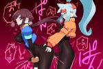  2girls aile_(mega_man_zx) ashe_(mega_man) bad_id bad_twitter_id blue_hair blush bodysuit breasts brown_hair cum cum_in_pussy drooling ejaculating_while_penetrated ejaculation from_side futa_with_futa futanari green_eyes highres large_breasts medium_breasts mega_man_(series) mega_man_zx mega_man_zx_advent multiple_girls no_testicles orgasm penetration_through_clothes ponytail saliva sex sex_from_behind sideboob standing standing_sex tongue tongue_out ukimukai 