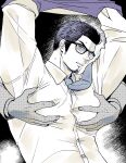  2boys arms_up bara blush disembodied_limb facial_hair glasses goatee grabbing grabbing_from_behind hair_slicked_back highres jacket jacket_partially_removed kamatantantan kiryu_kazuma looking_at_viewer male_focus mature_male monochrome multiple_boys muscular muscular_male necktie parted_lips partially_undressed pectoral_grab pectorals ryuu_ga_gotoku_(series) shirt short_hair sideburns solo_focus spot_color sweatdrop upper_body yaoi 