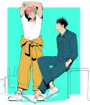  2boys absurdres aqua_background arms_up black_hair blue_eyes blue_pants blue_shirt clothes_around_waist couple eye_contact full_body fushiguro_megumi hand_in_pocket highres jujutsu_kaisen looking_at_another male_focus marukome0816 multiple_boys open_mouth outline pants pink_hair ryoumen_sukuna_(jujutsu_kaisen) shirt shoes short_hair simple_background sitting smile spiked_hair stretching white_footwear white_shirt yaoi yellow_eyes yellow_pants 