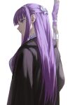  1girl absurdres black_coat black_robe butterfly_hair_ornament closed_mouth coat collar commentary cut_bangs english_commentary fern_(sousou_no_frieren) frilled_collar frills hair_ornament highres holding holding_staff long_hair long_sleeves mage_staff purple_eyes purple_hair robe sidelocks simple_background solo sousou_no_frieren staff straight_hair uqi32 white_background 
