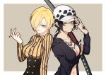  2girls black_coat black_hair black_nails blonde_hair blue_eyes breast_tattoo breasts buttons cigarette coat curly_eyebrows earrings english_commentary fur_hat genderswap genderswap_(mtf) hair_over_one_eye hand_tattoo hat highres holding holding_cigarette holding_sheath holding_sword holding_weapon jewelry koshikun large_breasts lips long_sleeves looking_at_viewer multiple_girls navel no_bra one_piece parted_lips sanji_(one_piece) sheath sheathed shirt short_hair sword tattoo trafalgar_law weapon yellow_eyes 