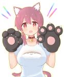  1girl :d animal_ear_fluff animal_ears animal_hands bell belt_collar breasts brown_eyes brown_hair cat_ears cat_girl cat_tail collar collarbone commentary es04b fang gloves hair_between_eyes hands_up highres jingle_bell kemonomimi_mode large_breasts light_blush looking_at_viewer low_twintails medium_hair multicolored_hair murosaki_miyo neck_bell onii-chan_wa_oshimai! open_mouth outline paw_gloves paw_pose red_collar red_hair sacabambaspis shirt short_sleeves simple_background smile solo t-shirt tail twintails two-tone_hair upper_body white_background yellow_outline 