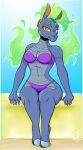  2023 5_fingers anthro anthrofied asian_mythology baihe_(tfh) beach bikini blue_body blue_scales breasts chinese_mythology cleavage clothed clothing colored_fire countershade_scales countershading digital_drawing_(artwork) digital_media_(artwork) duragan east_asian_mythology female fingers fire flaming_hair flaming_wings gradient_background green_fire hi_res hybrid lidded_eyes longma looking_at_viewer mythology non-mammal_breasts orange_eyes pseudo_hair pupils purple_bikini purple_clothing purple_swimwear scales scalie scar seaside signature simple_background sitting slit_pupils solo swimwear them&#039;s_fightin&#039;_herds two-piece_swimsuit unguligrade_anthro wings 