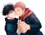  2boys black_hair black_jacket blue_eyes cheek-to-cheek closed_mouth couple dancing eye_contact fushiguro_megumi heads_together highres holding_hands jacket jujutsu_kaisen looking_at_another male_focus marukome0816 multicolored_clothes multicolored_jacket multiple_boys one_eye_closed pink_hair ryoumen_sukuna_(jujutsu_kaisen) short_hair simple_background smile spiked_hair two-tone_jacket upper_body white_background yaoi yellow_eyes 