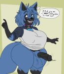  anthro balls big_balls black_markings blue_body blue_eyes blue_fur blue_hair bodily_fluids canid canine canis collar erection foxx.dott fur genitals hair herm hi_res intersex mammal markings nervous nipple_outline simple_background smile solo sweat teeth thick_thighs wolf 